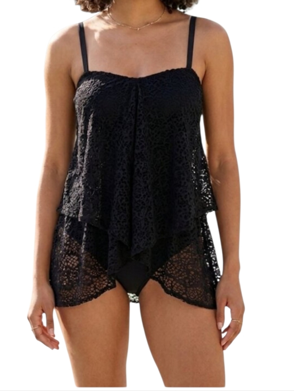 Ralph Lauren Black Lace Overlay One Piece Swimsuit 1-PC Bathingsuit 16W NWT